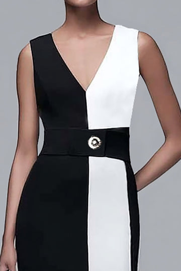 Robe longue de travail crayon à col en V noir et blanc avec ceinture